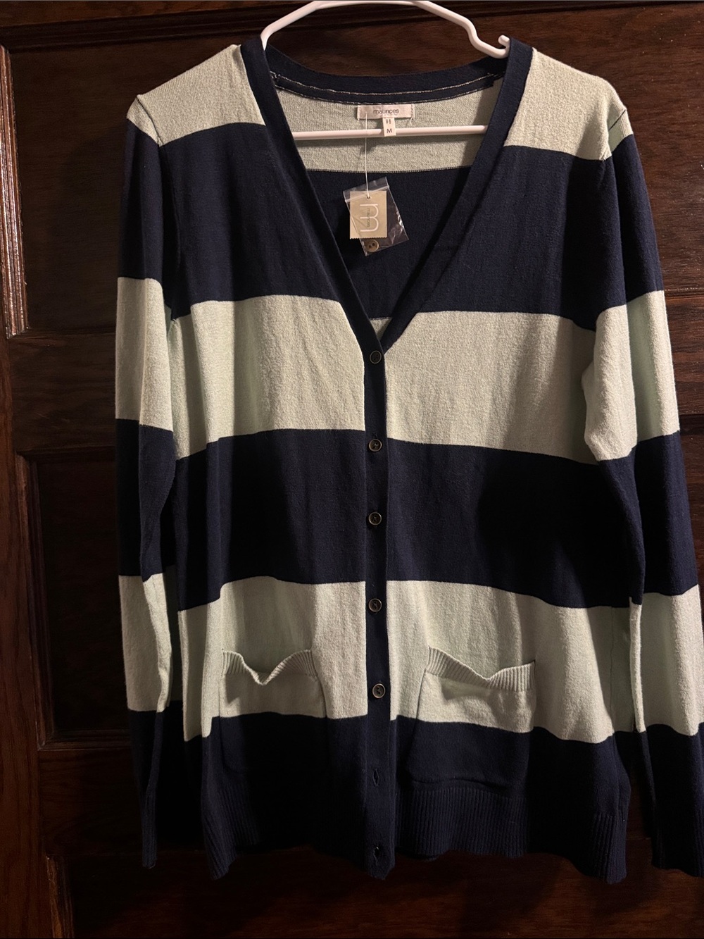 Maurices Navy and Light Green Striped V-Neck Button Cardigan, NWT